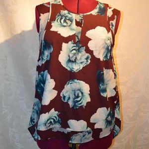 Blue Flower Print on Burgandy Blouse